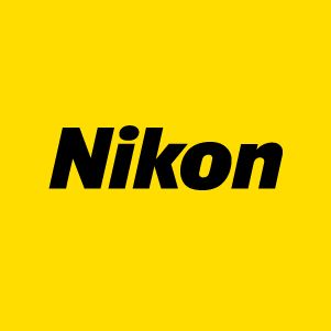 The nikon logo is on a yellow background.