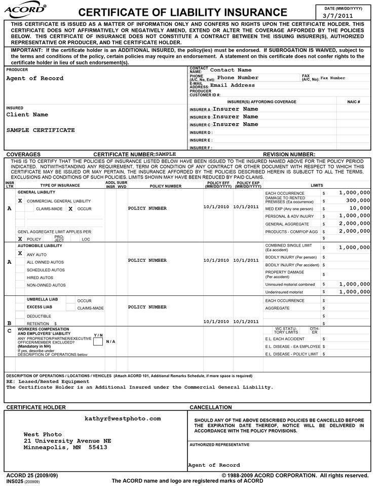 A certificate of liability insurance form with a lot of information on it