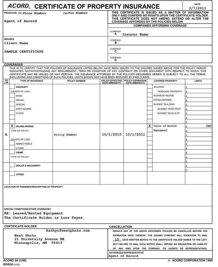 A certificate of property insurance is being filled out on a piece of paper.
