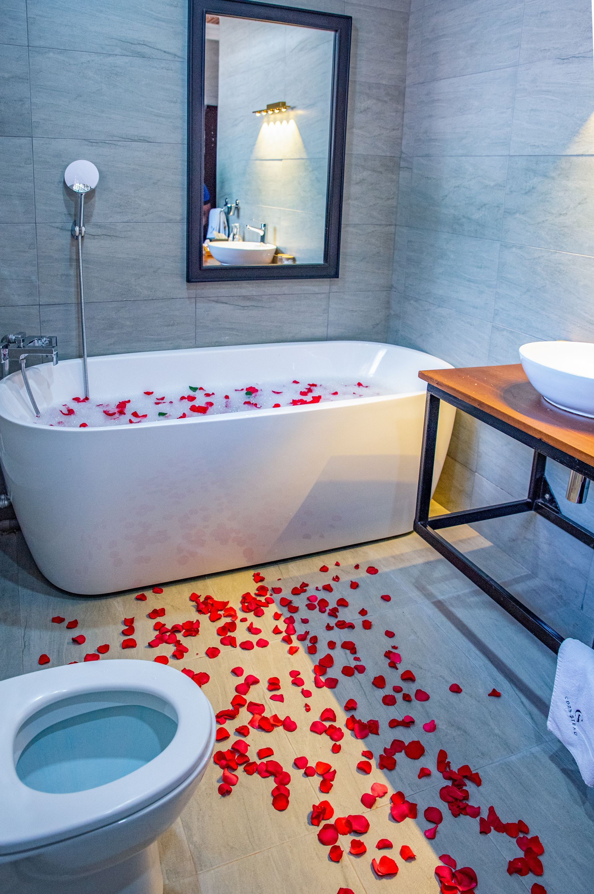 Bathroom scene with a bathtub with rose petals, a toilet and a vanity with a mirror. Rose petals are scattered on the floor.
