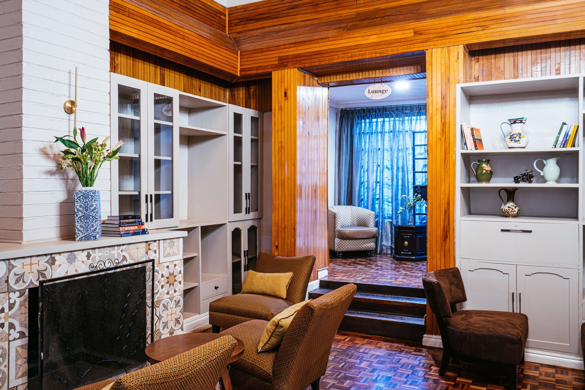 Cozy Stead boutique hotel lounge with fireplace in Gigiri Nairobi Kenya