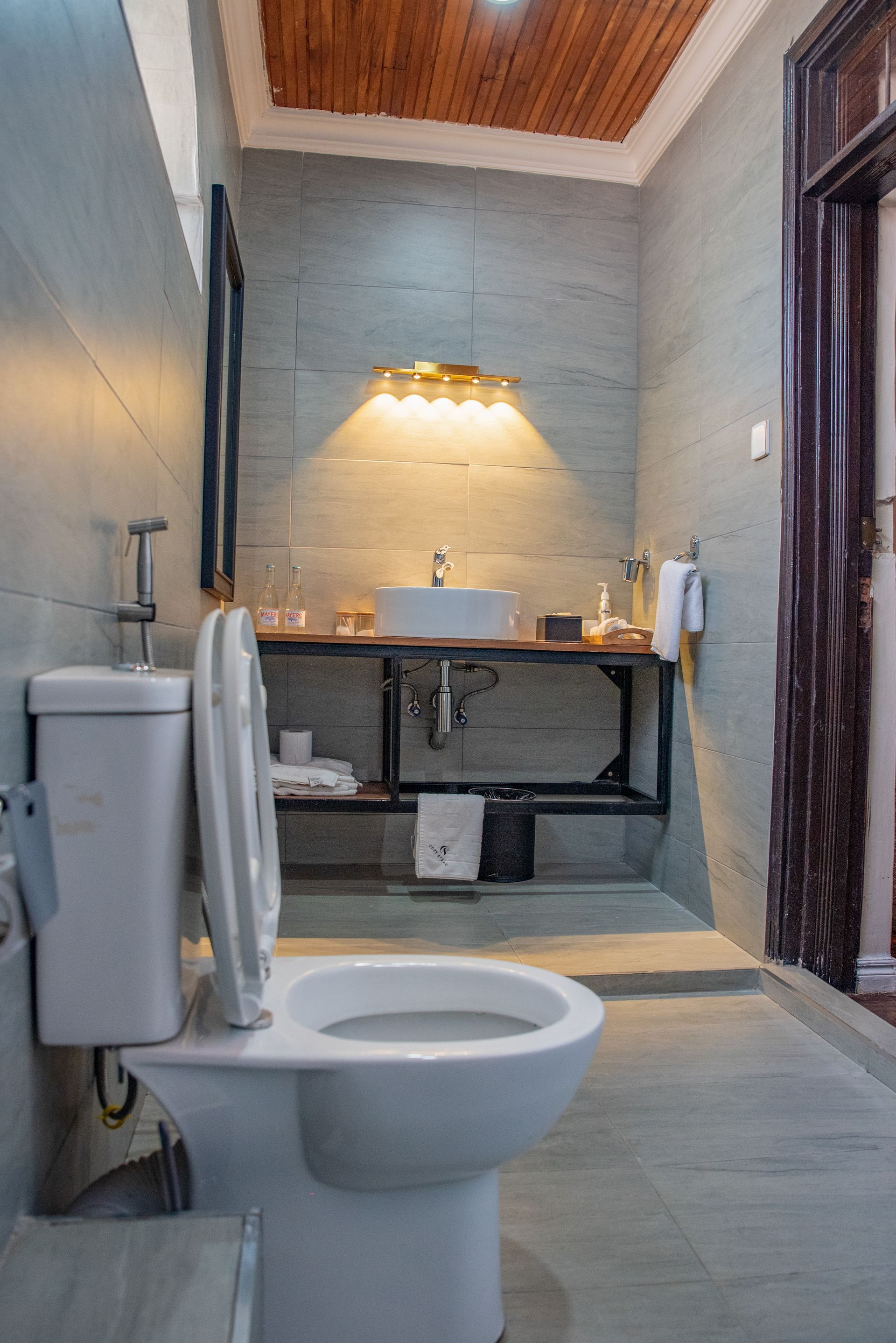 Bathroom with a white toilet in the foreground, a modern sink and vanity, and a wooden ceiling. Grey and beige tones.