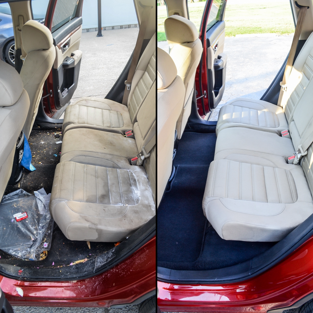 Car interior before and after cleaning: dirty beige back seat on left, spotless on right.
