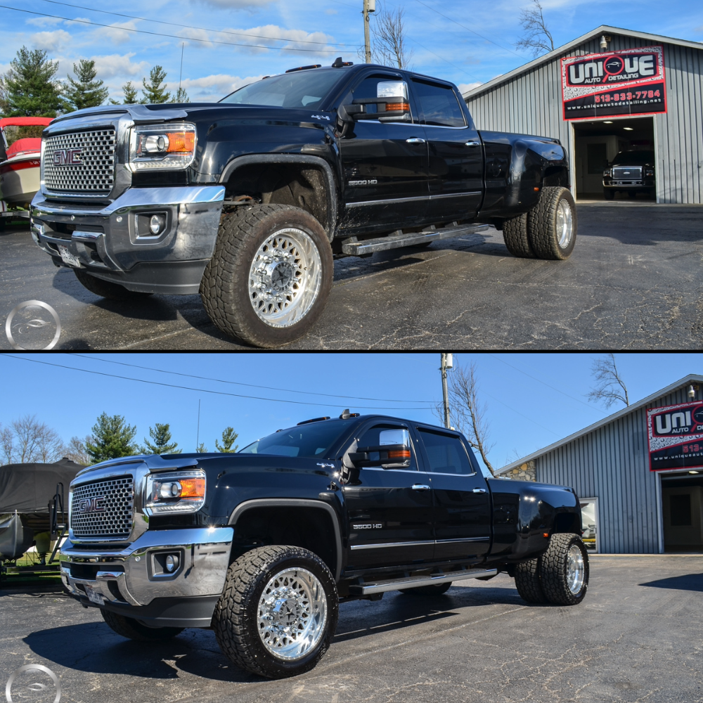 Black lifted pickup truck parked outside a shop, shown in two side views under a blue sky.