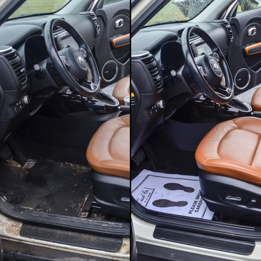 Car interior before and after cleaning, showing black dashboard and brown seats with dirty floor then clean mat
