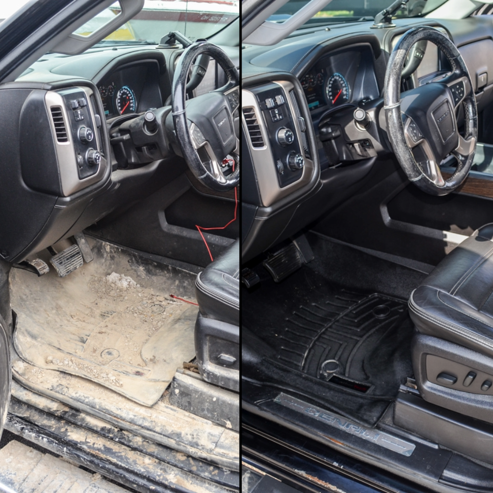 Split-view truck cab before-and-after cleaning: muddy floor mat beside a cleaned black rubber mat.