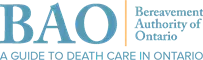BAO logo with blue “Bereavement Authority of Ontario” text and tagline “A guide to death care in Ontario”