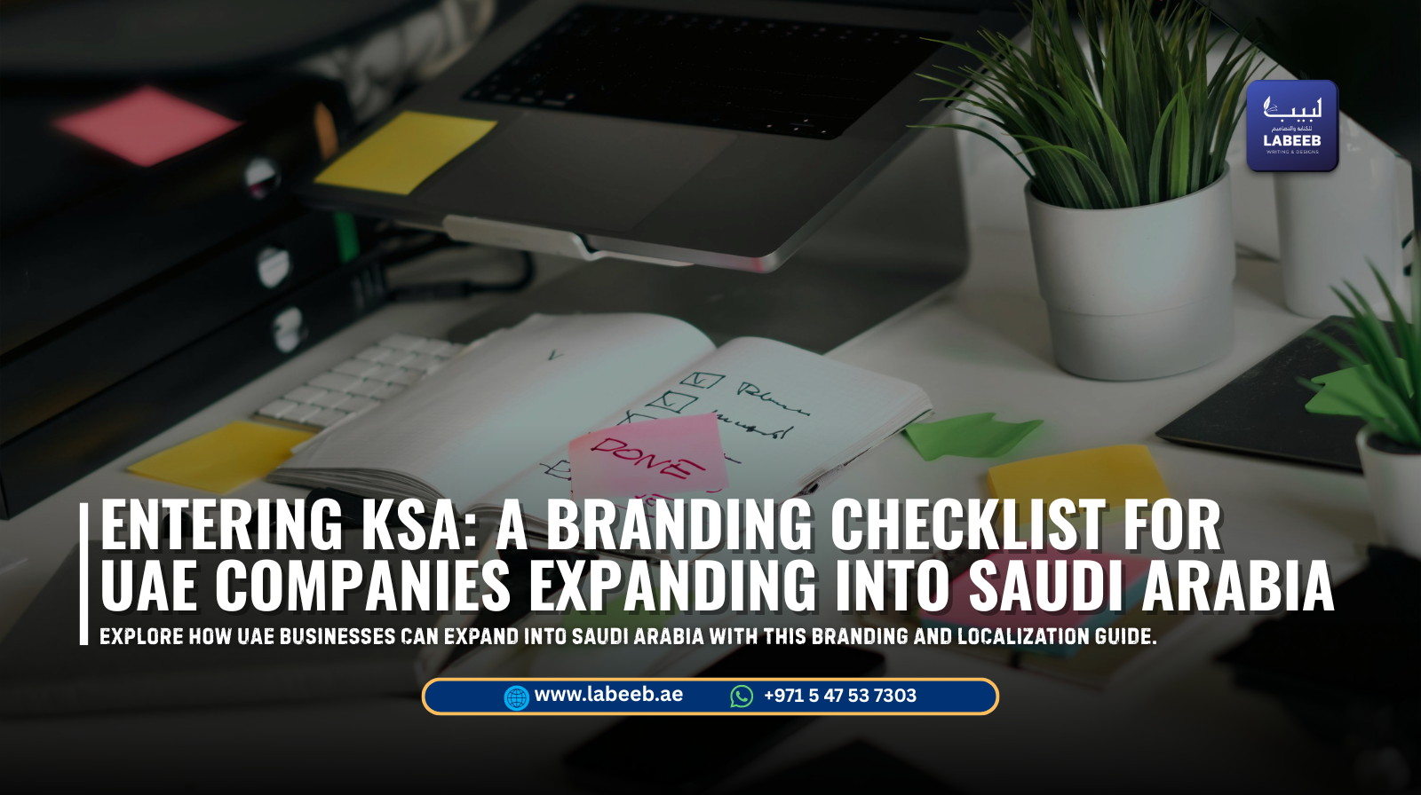 Business team reviewing rebranding checklist with Saudi landmarks in the background. Blog Tags (comma-separated): branding in Saudi Arabia, Saudi market entry UAE, KSA localization, bilingual branding UAE KSA, GCC brand strategy, corporate identity Saudi Arabia, Labeeb Writing & Designs
