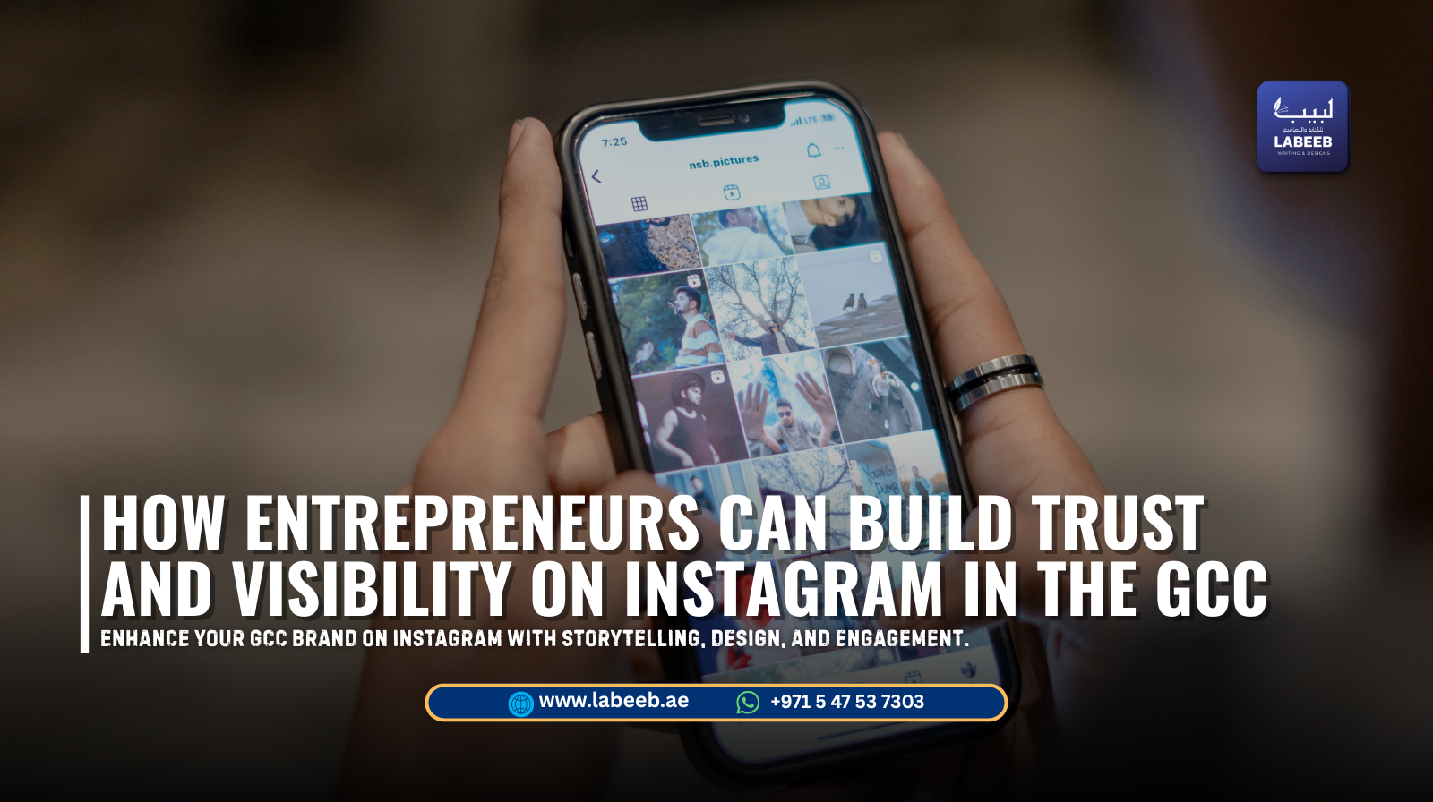 GCC entrepreneur creating Instagram content with Arabic-inspired visuals in Dubai office.