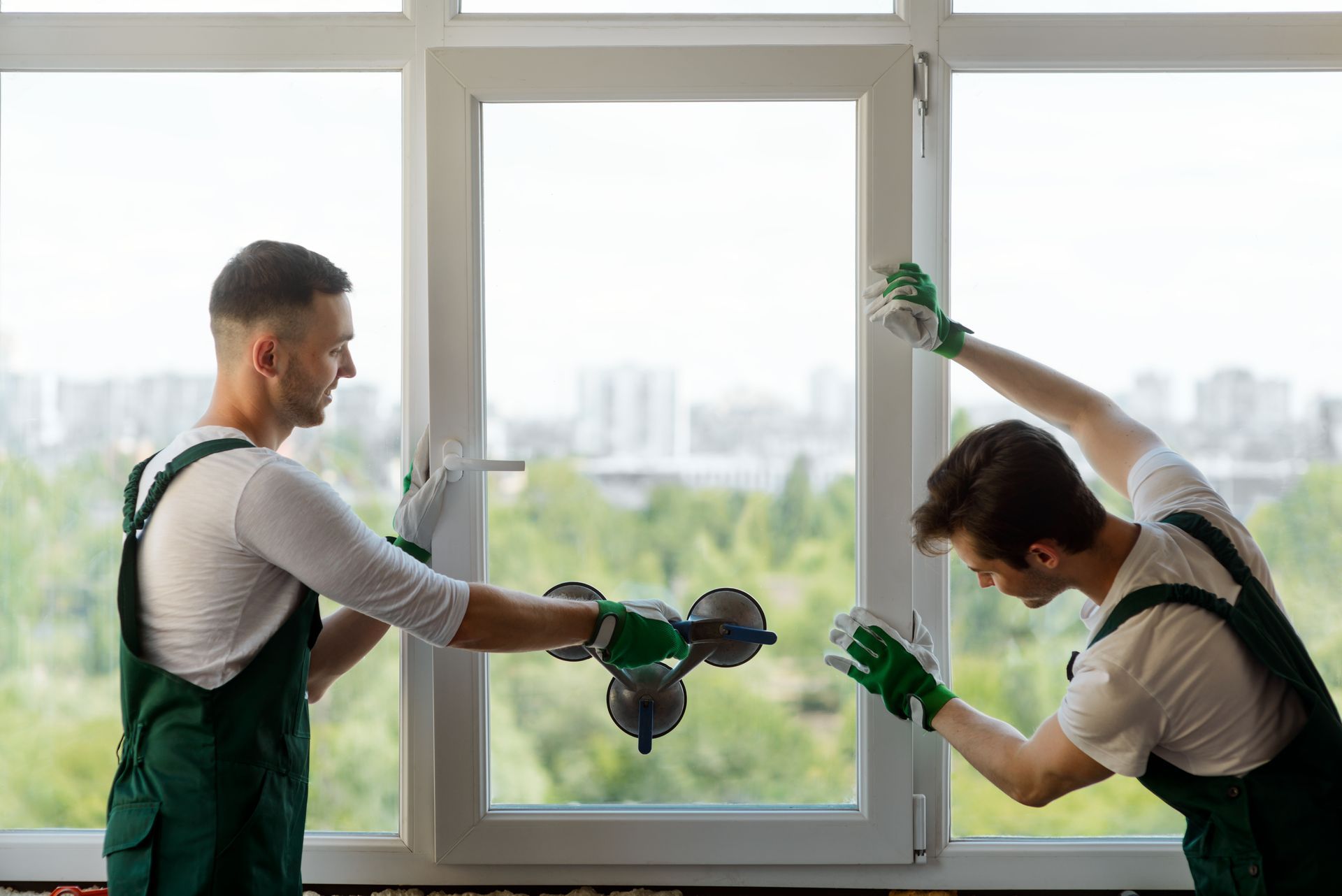 Deux hommes installent une fenêtre dans une maison.