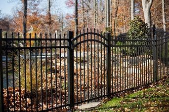 A black wrought iron fence surrounds a yard with trees in the background.