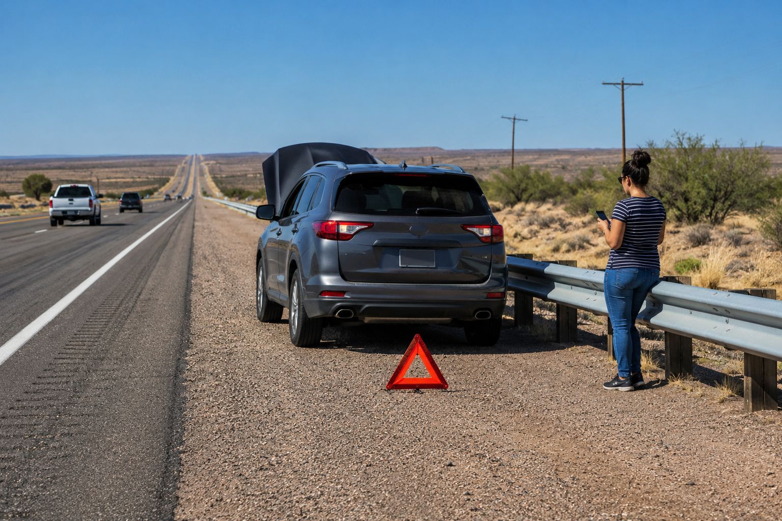 Broken-down SUV on roadside shoulder with hazard triangle; person stands by guardrail on rural highway.