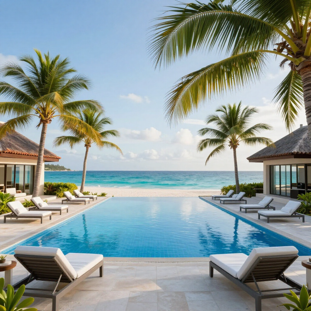 Luxury resort infinity pool with loungers and palm trees overlooking a turquoise ocean