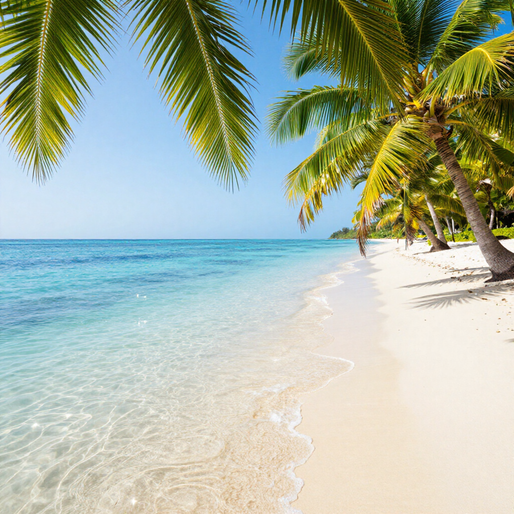 Sunny tropical beach with turquoise water, white sand, and palm trees arching overhead