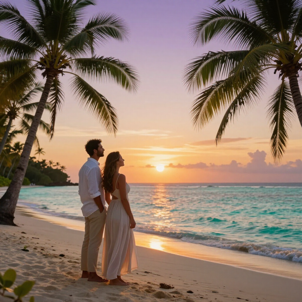 Couple standing on a tropical beach at sunset, with palm trees and waves glowing in warm light
