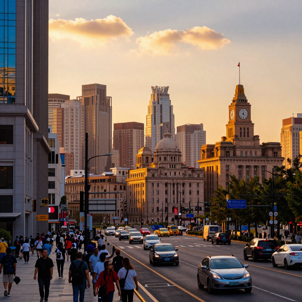 Downtown city street at sunset with traffic, pedestrians, and historic clocktower buildings