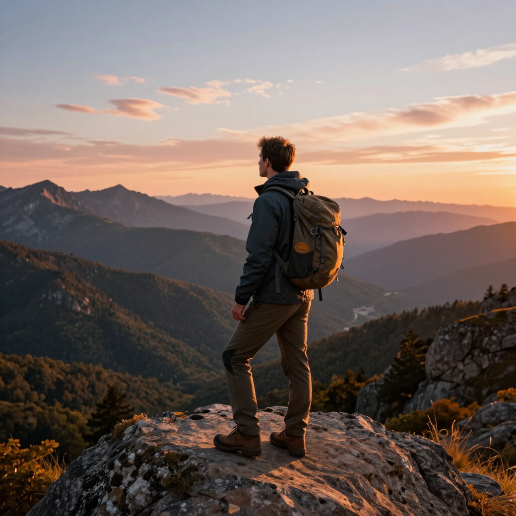 Hiker with backpack standing on rocky peak at sunset, overlooking layered mountain ranges.