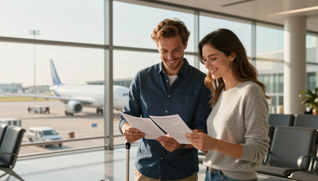 Two travelers smiling at papers in an airport terminal with a plane visible outside the window