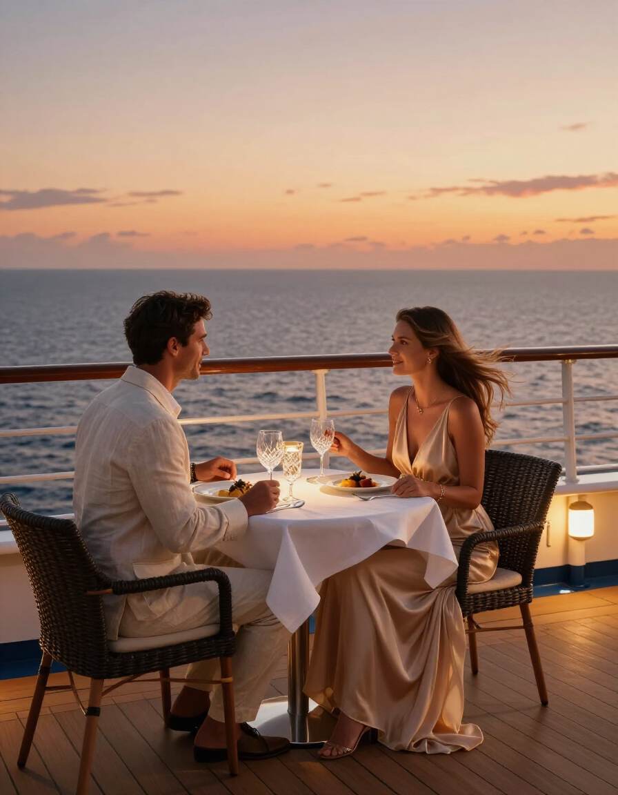 Couple dining by candlelight on a boat deck at sunset, with ocean and warm sky behind them