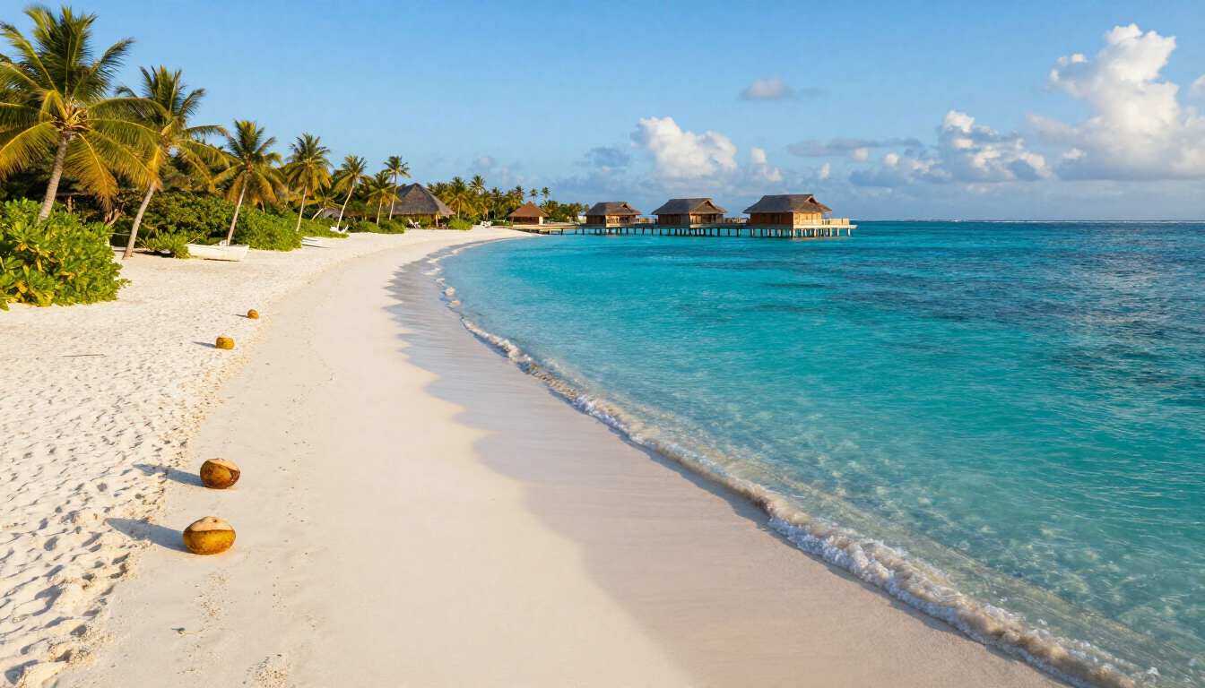 Tropical beach with white sand, turquoise water, palm trees, and overwater huts under a blue sky