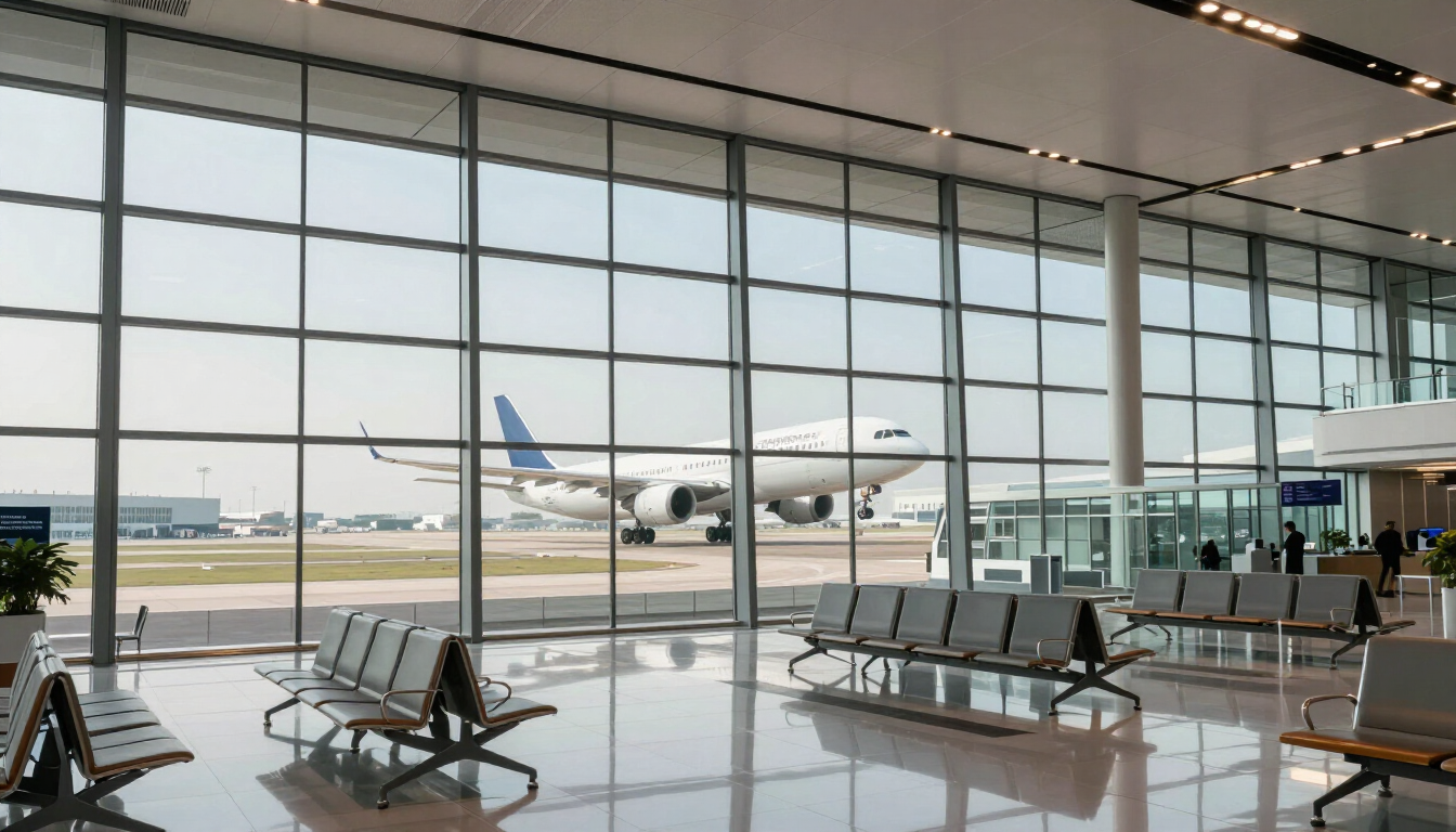 Modern airport terminal with airplane