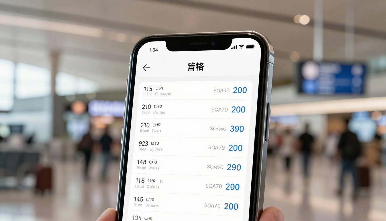 Smartphone displaying a travel app with flight options
