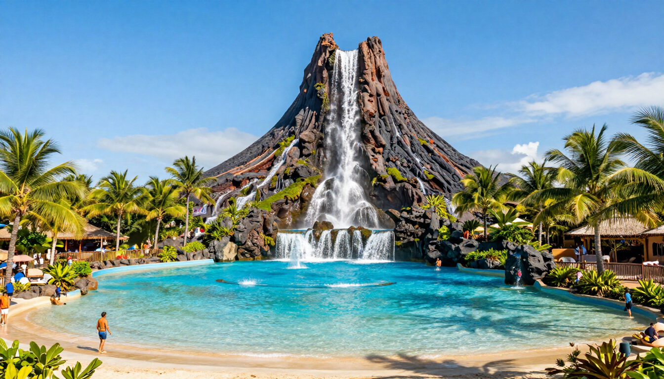 The iconic Krakatau volcano at Universal Volcano Bay water theme park.