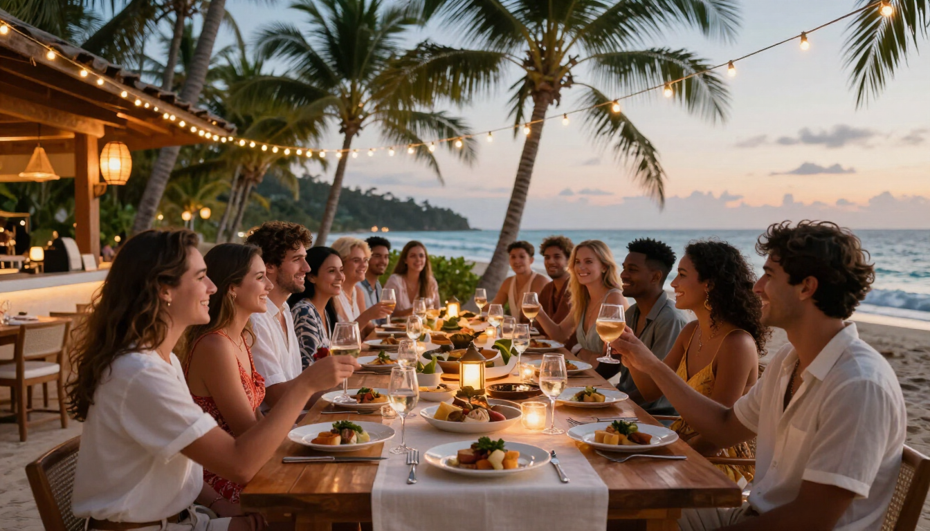 A diverse group of friends enjoying a vacation meal together.