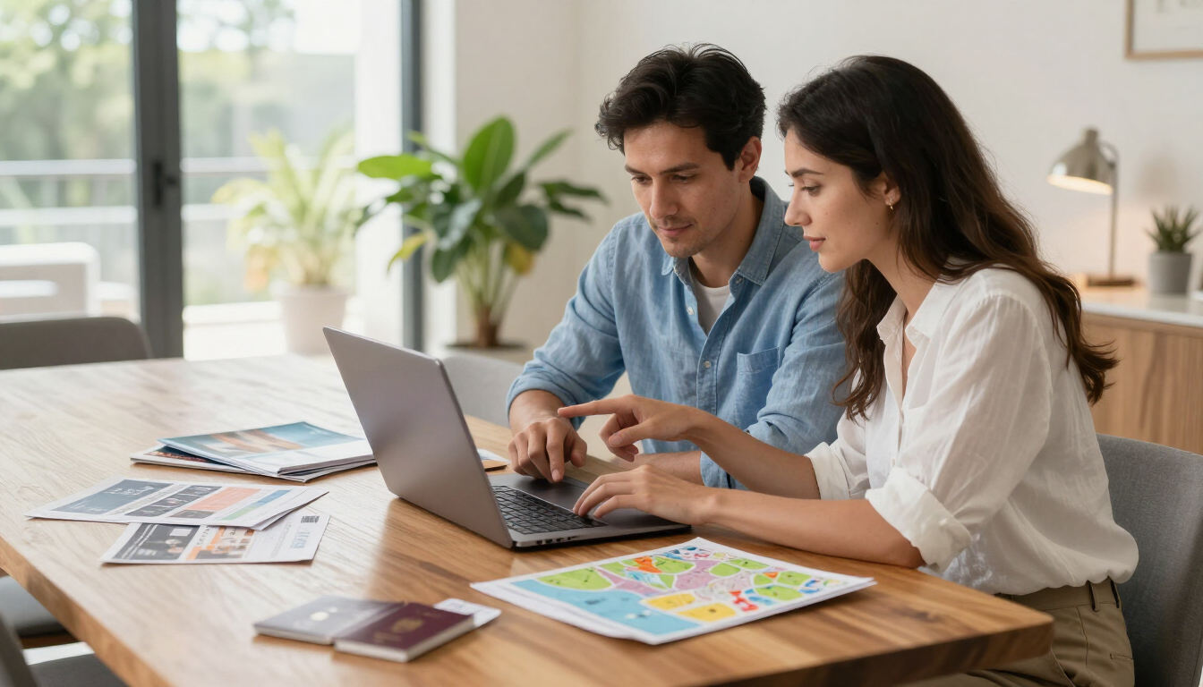 Couple comparing total hotel prices before booking a vacation