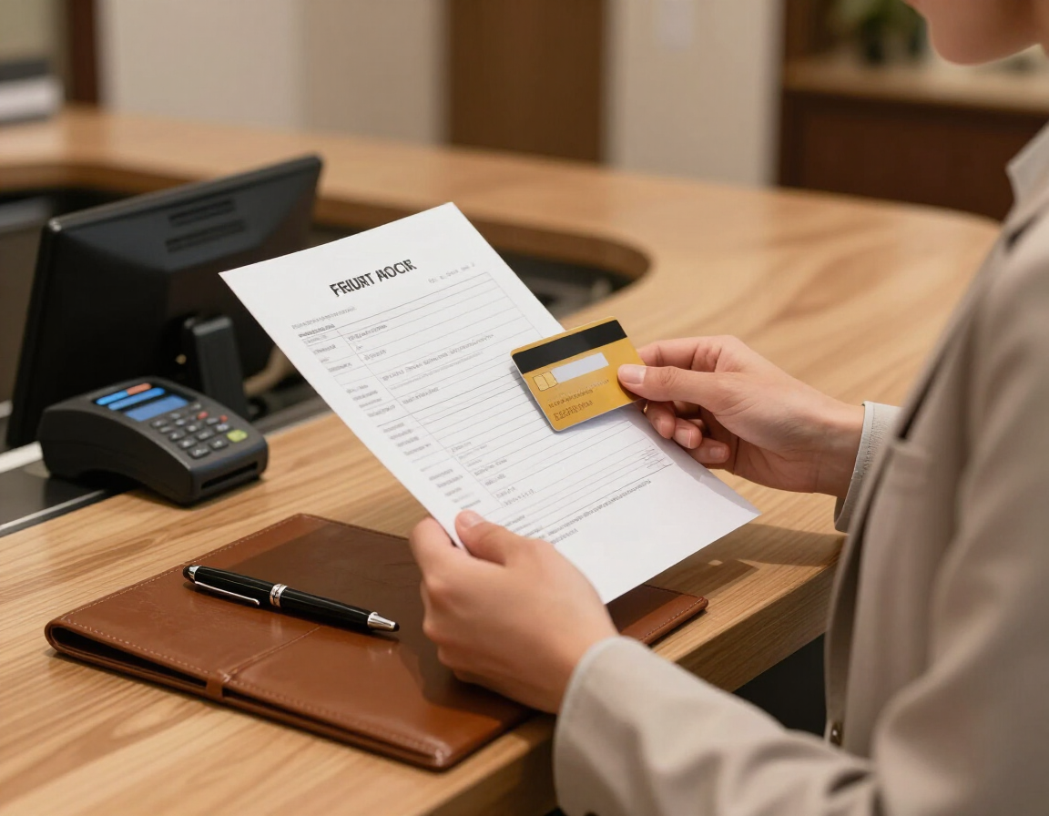 Hotel guest checking a final folio and card authorization