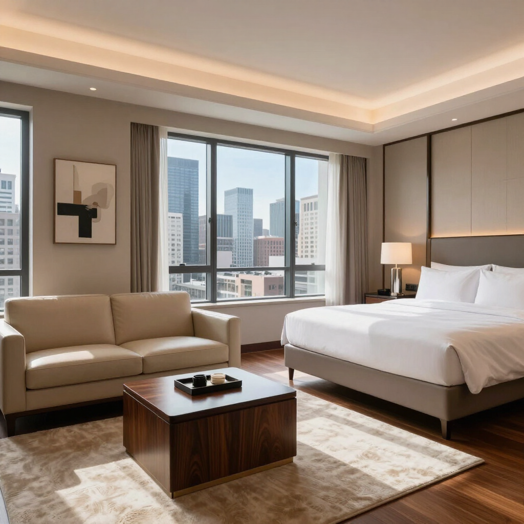 Modern hotel room with a bed, sofa, coffee table, and city view through large windows