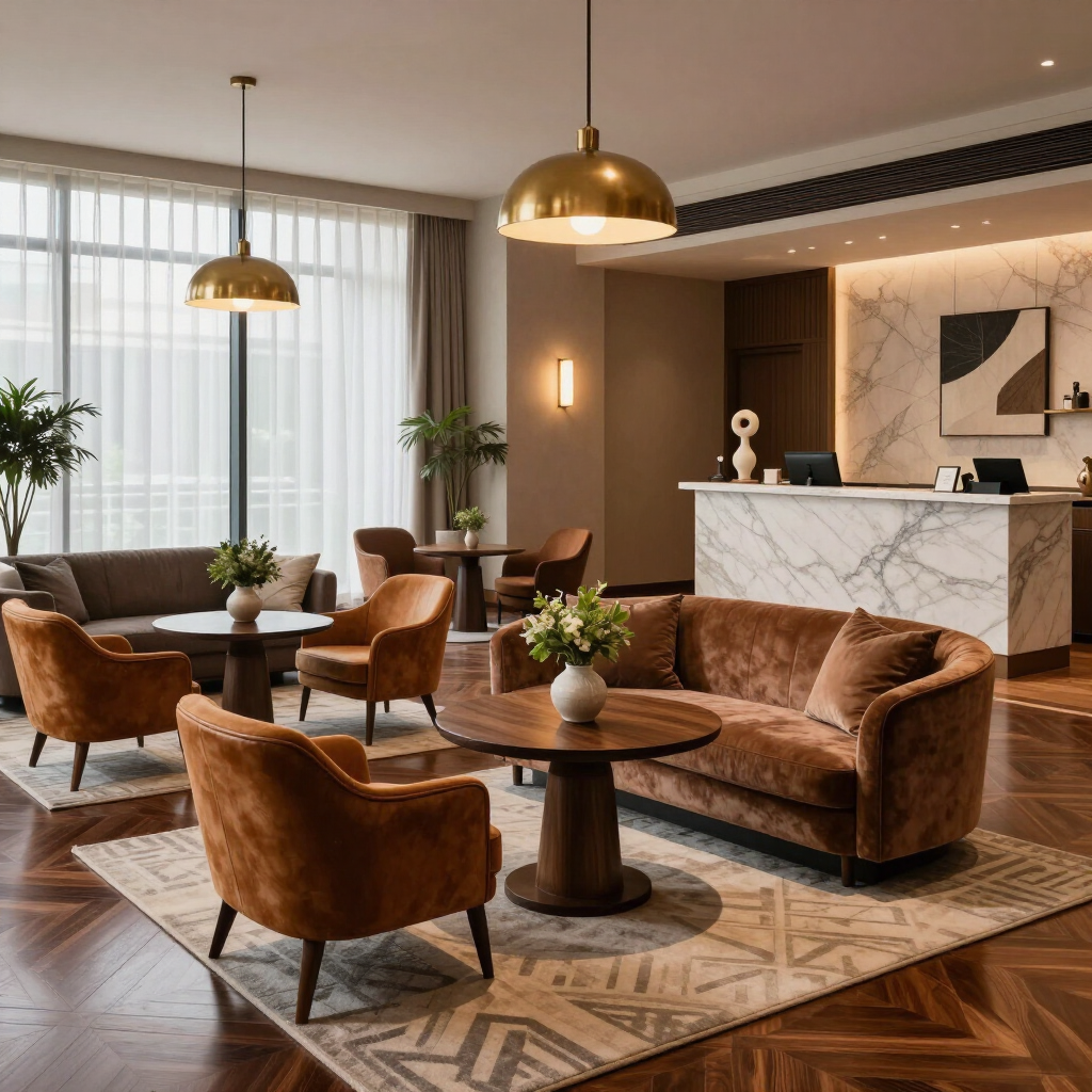 Modern luxury lounge with brown velvet chairs, sofa, marble bar, and large windows
