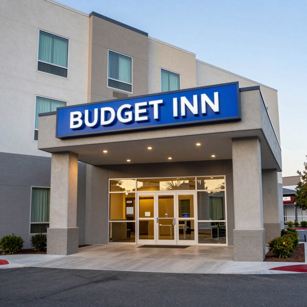 Budget Inn motel entrance with blue sign and glass doors at dusk