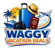 Waggy Vacation Deals logo with suitcase, passport, hat, camera, plane and palm tree in blue and orange
