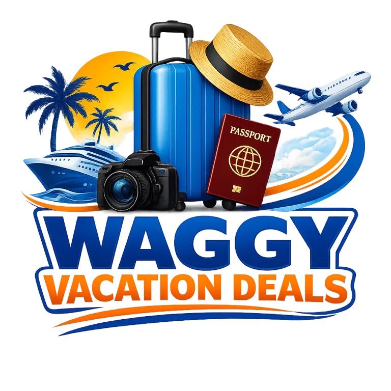 Waggy Vacation Deals logo with suitcase, passport, hat, camera, beach, and airplane