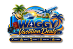 Waggy Vacation Deals logo with suitcase, passport, hat, camera, beach, and airplane