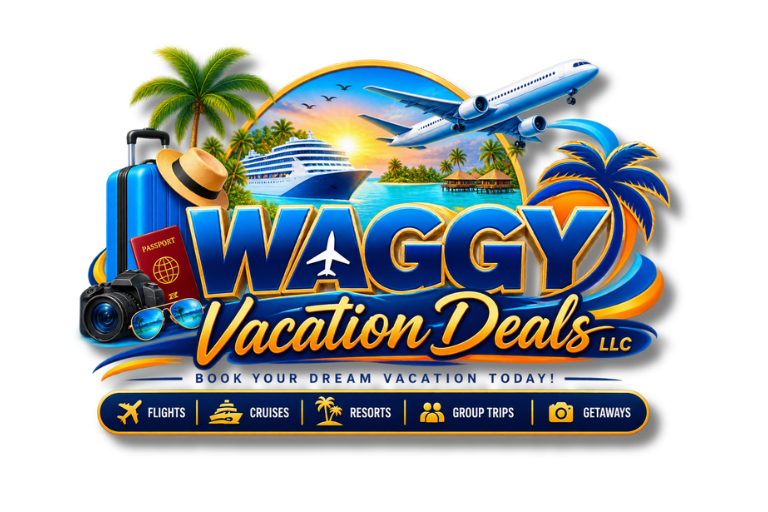 Waggy Vacation Deals logo with suitcase, passport, hat, camera, plane and palm tree in blue and orange