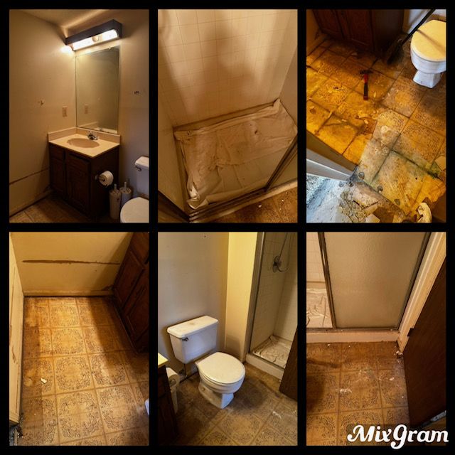 Collage of a small worn bathroom with sink, toilet, shower, and damaged yellow floor tiles