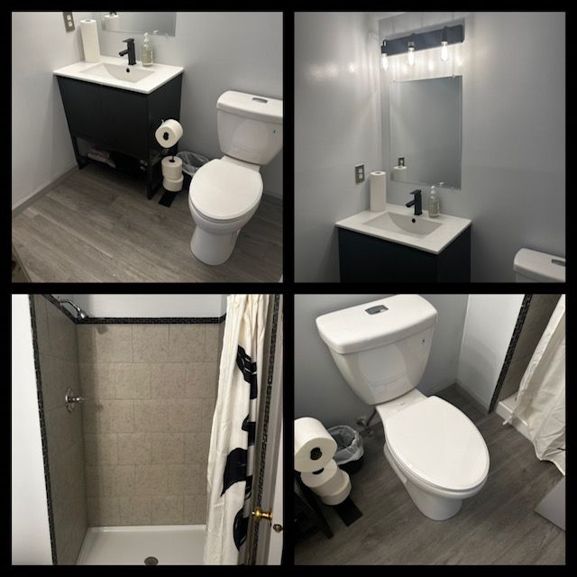 Small bathroom with toilet, sink, mirror, shower, and gray wood-look flooring, shown in four views.