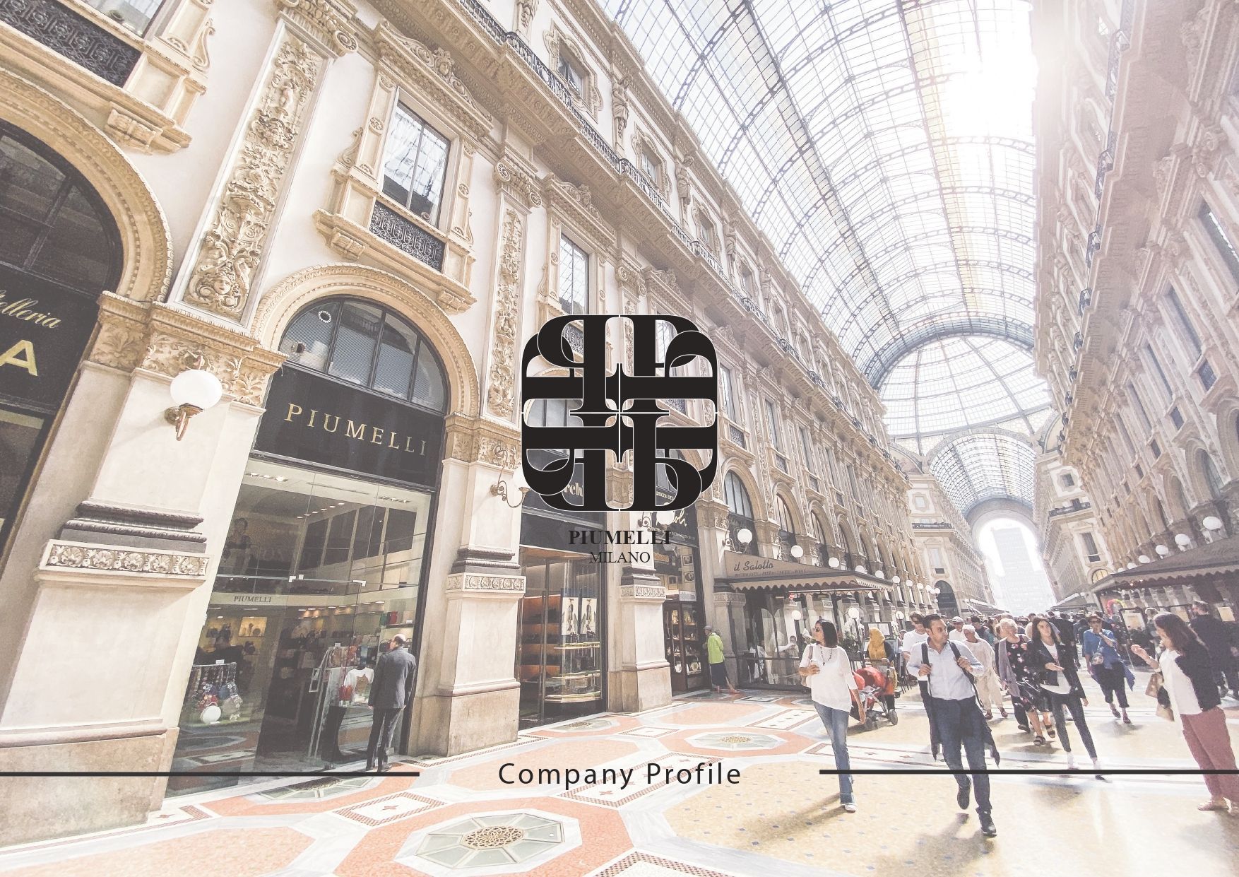 Firmenprofilgrafik mit Galleria Vittorio Emanuele II und Logo.