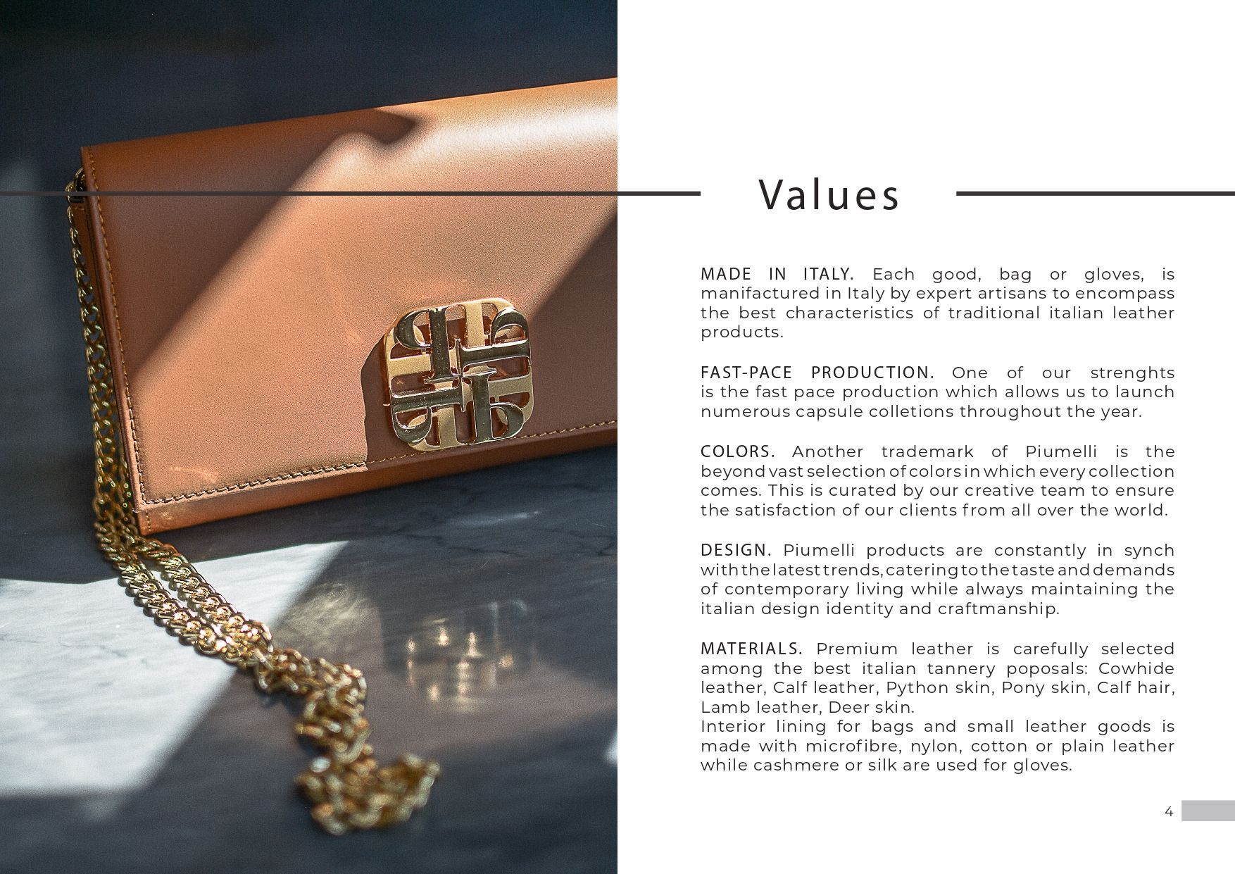 Lederhandtasche mit goldener Kette und Verschluss, daneben ein Text, der die Unternehmenswerte erläutert.