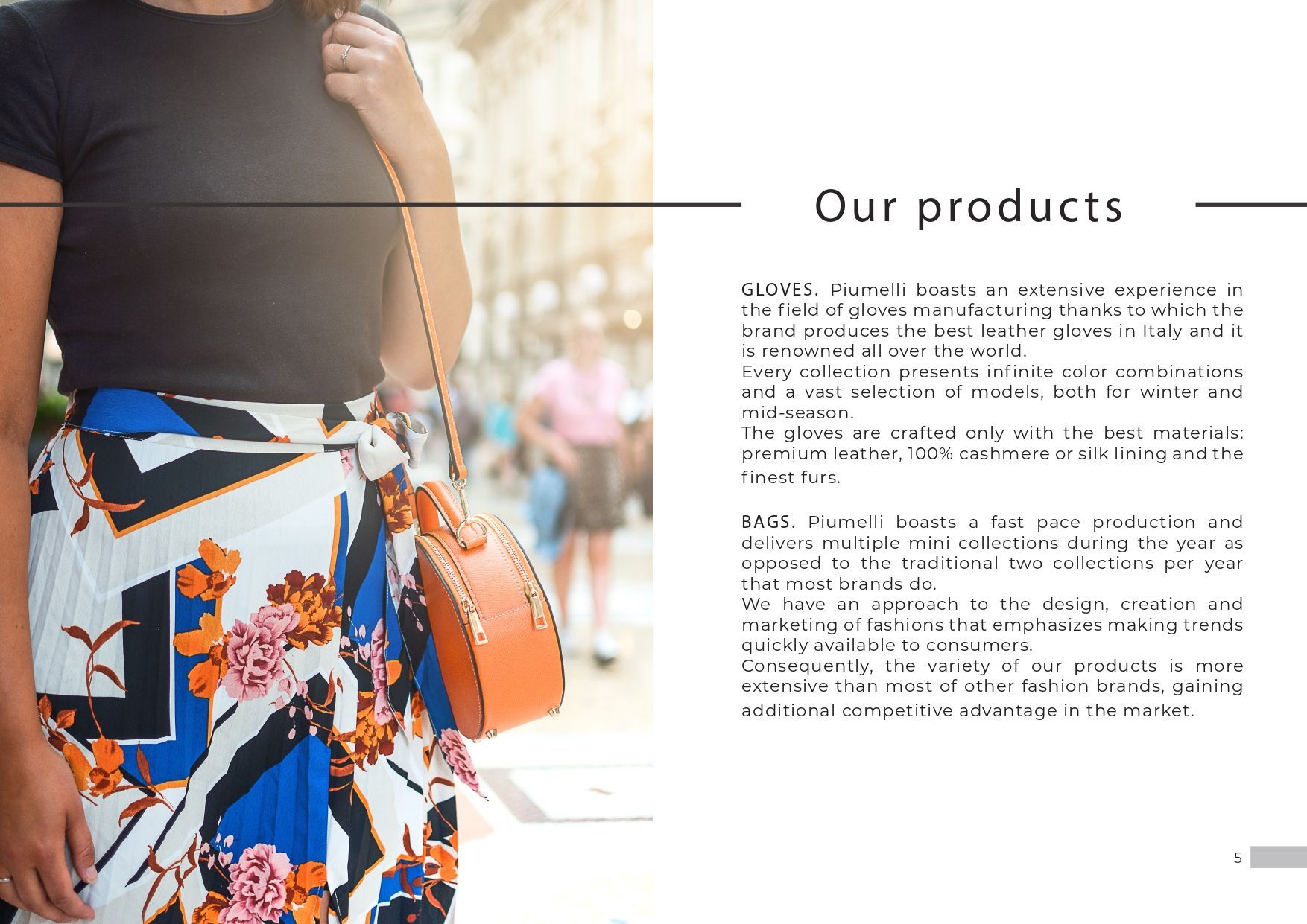 Frau mit Schultertasche, die einen geblümten Rock trägt, schreibt „Unsere Produkte“ auf weißen Hintergrund.