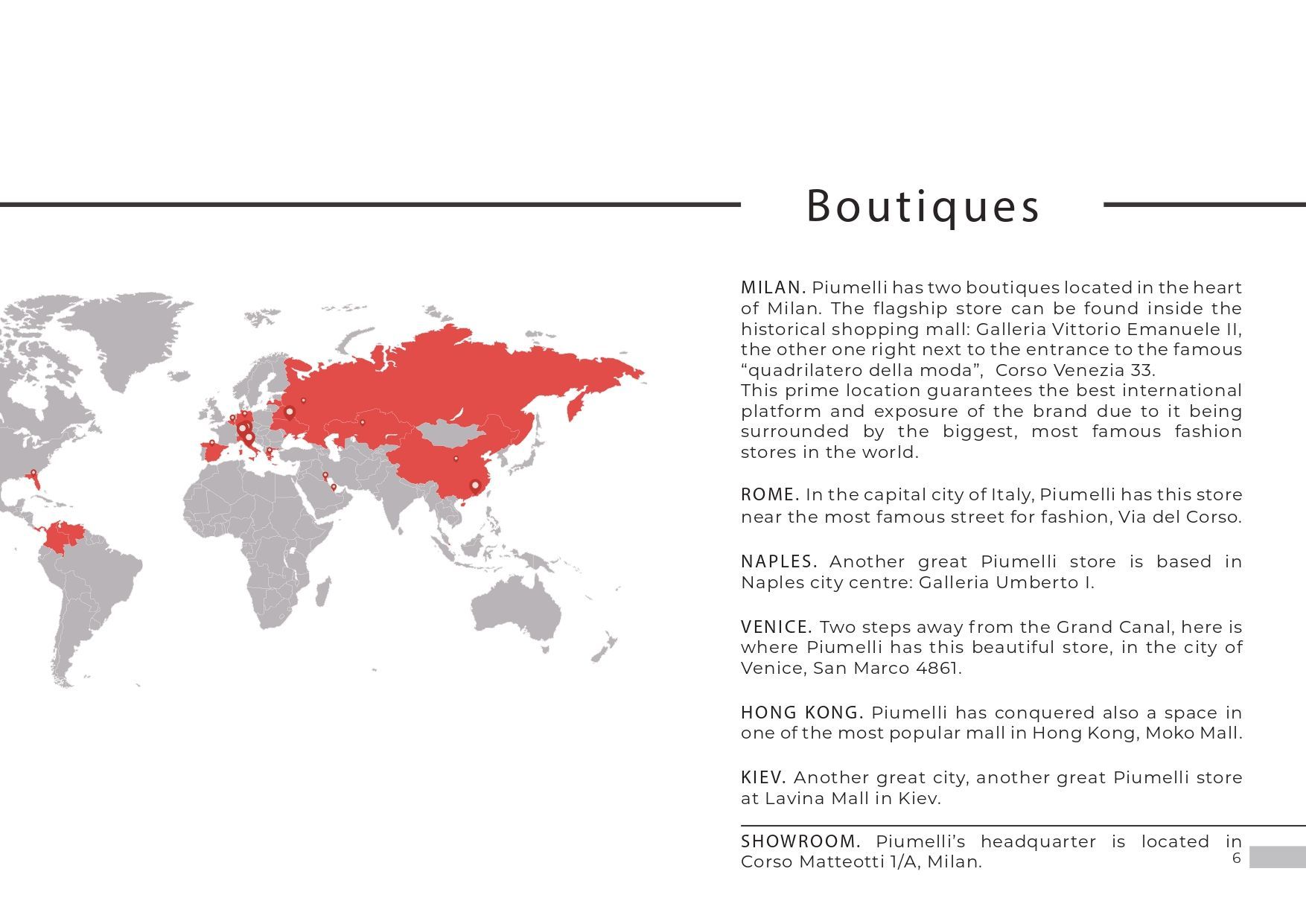 Weltkarte mit rot hervorgehobenen Boutique-Standorten. Der Text listet die Boutique-Standorte weltweit auf.