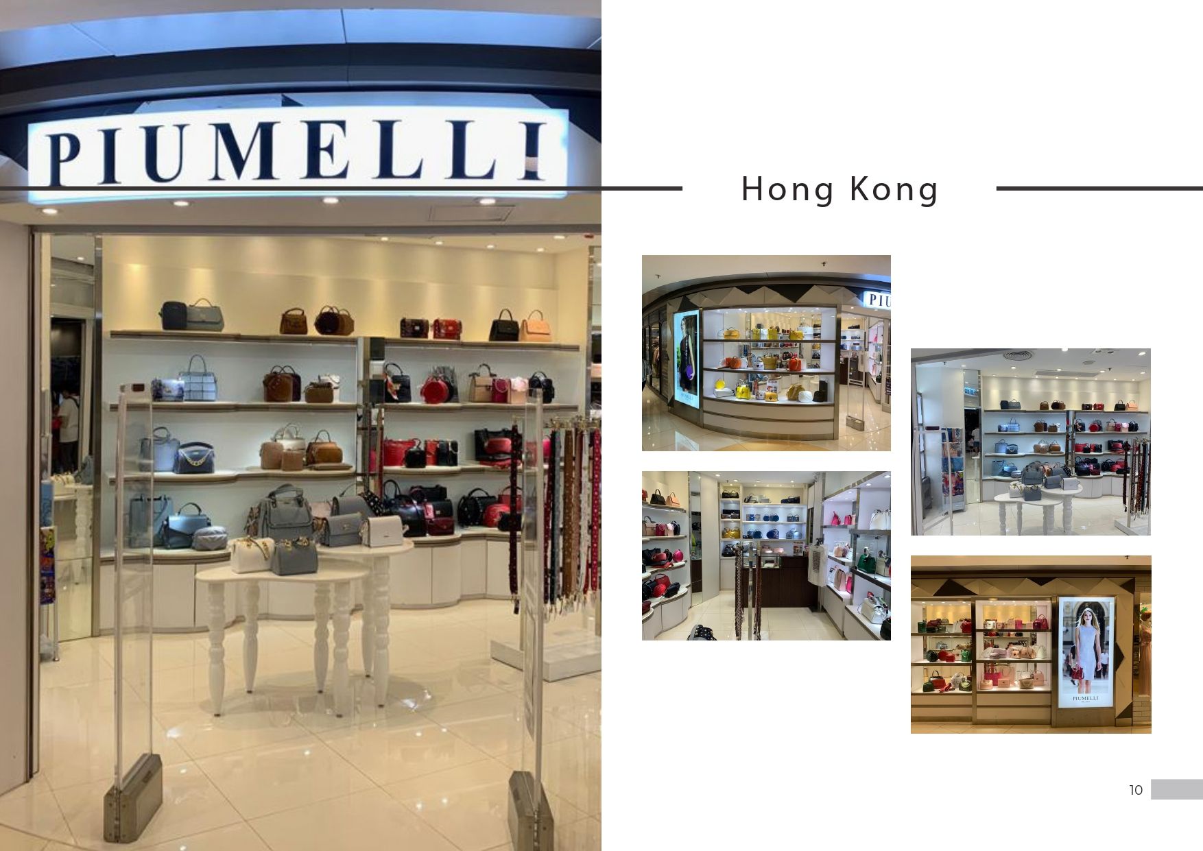 PIUMELLI!-Filiale, Außenansicht mit Taschenauslagen. Abbildungen der Filiale in Hongkong.