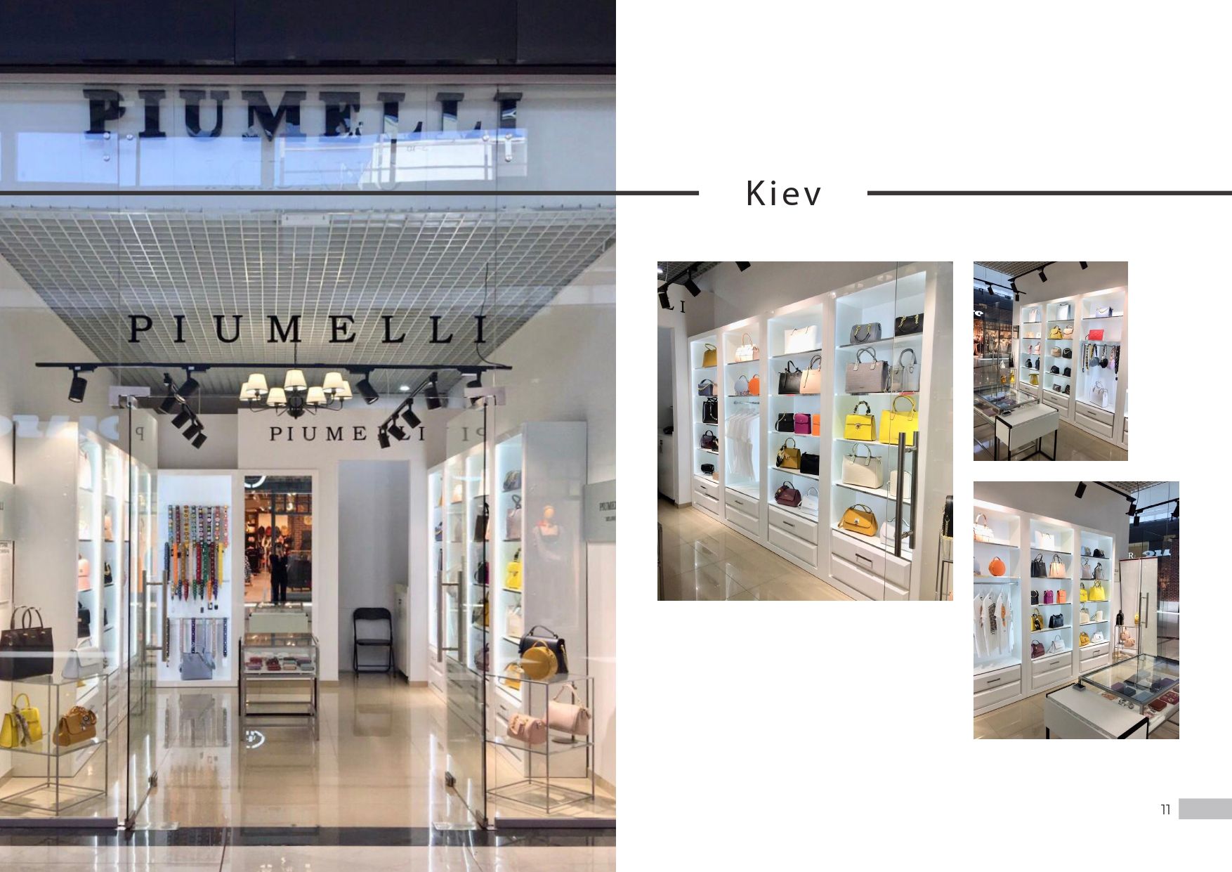 PIUMELLI-Geschäft, Außen- und Innenansicht in Kiew, mit Handtaschen in beleuchteten Glasvitrinen.
