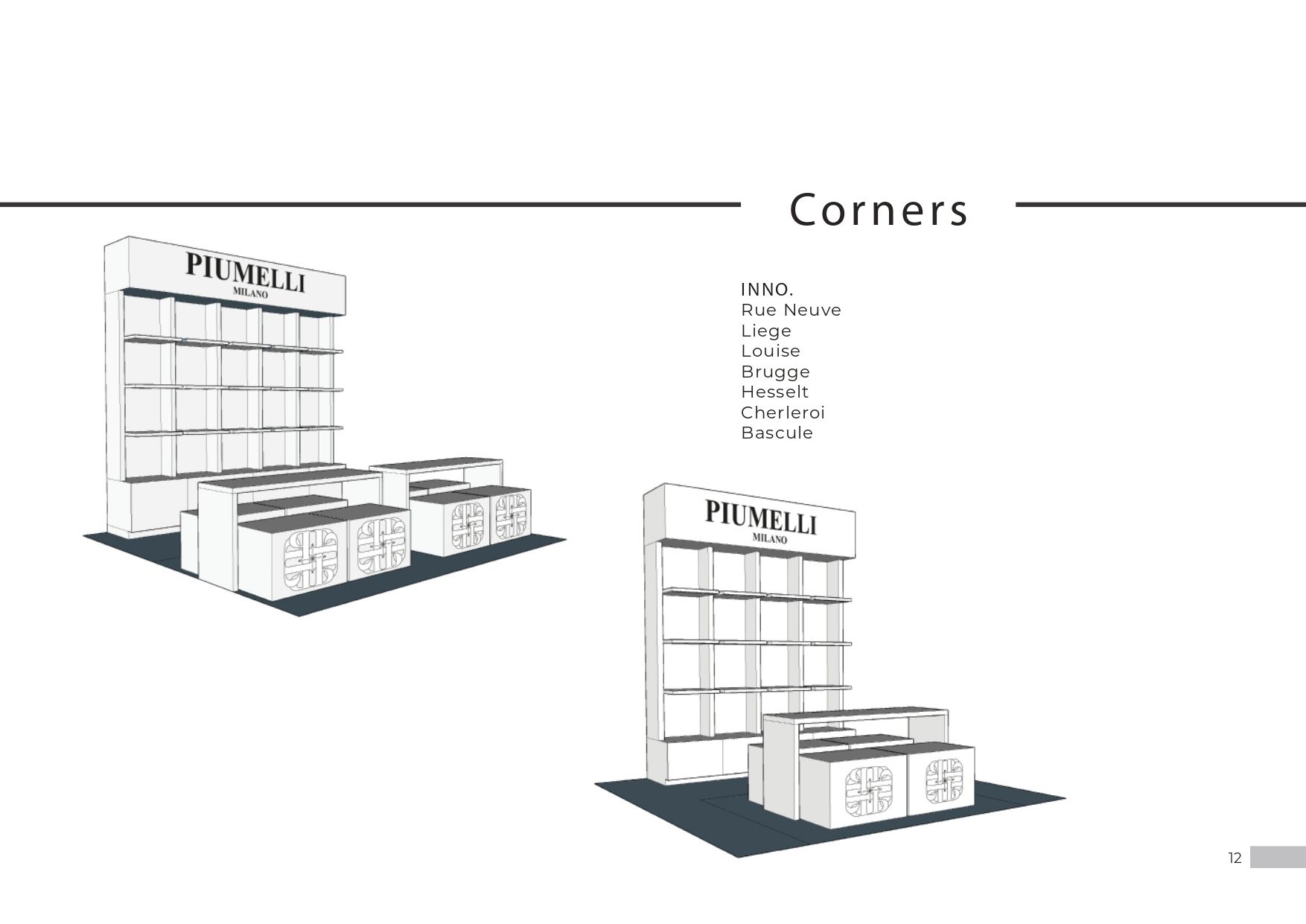 Zwei Eckdisplay-Designs mit Regalen und Theken, beschriftet mit „Corners“.