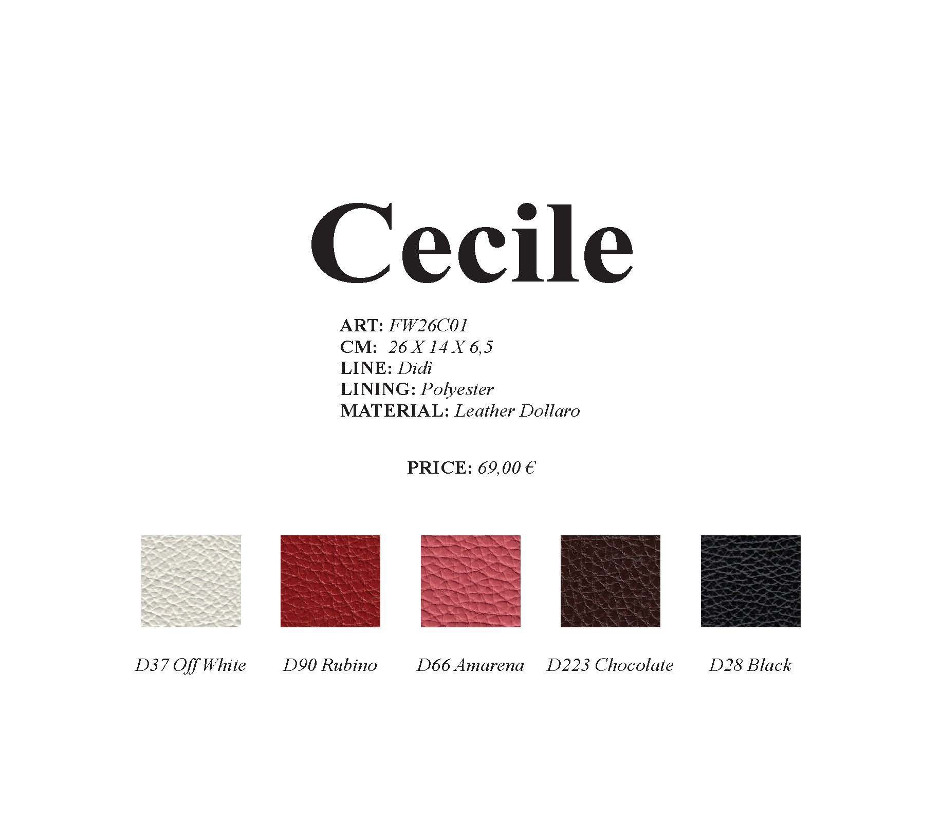 Produktinformationen zu Cecile mit Farbmustern: Weiß, Rot, Rosa, Braun und Schwarz.