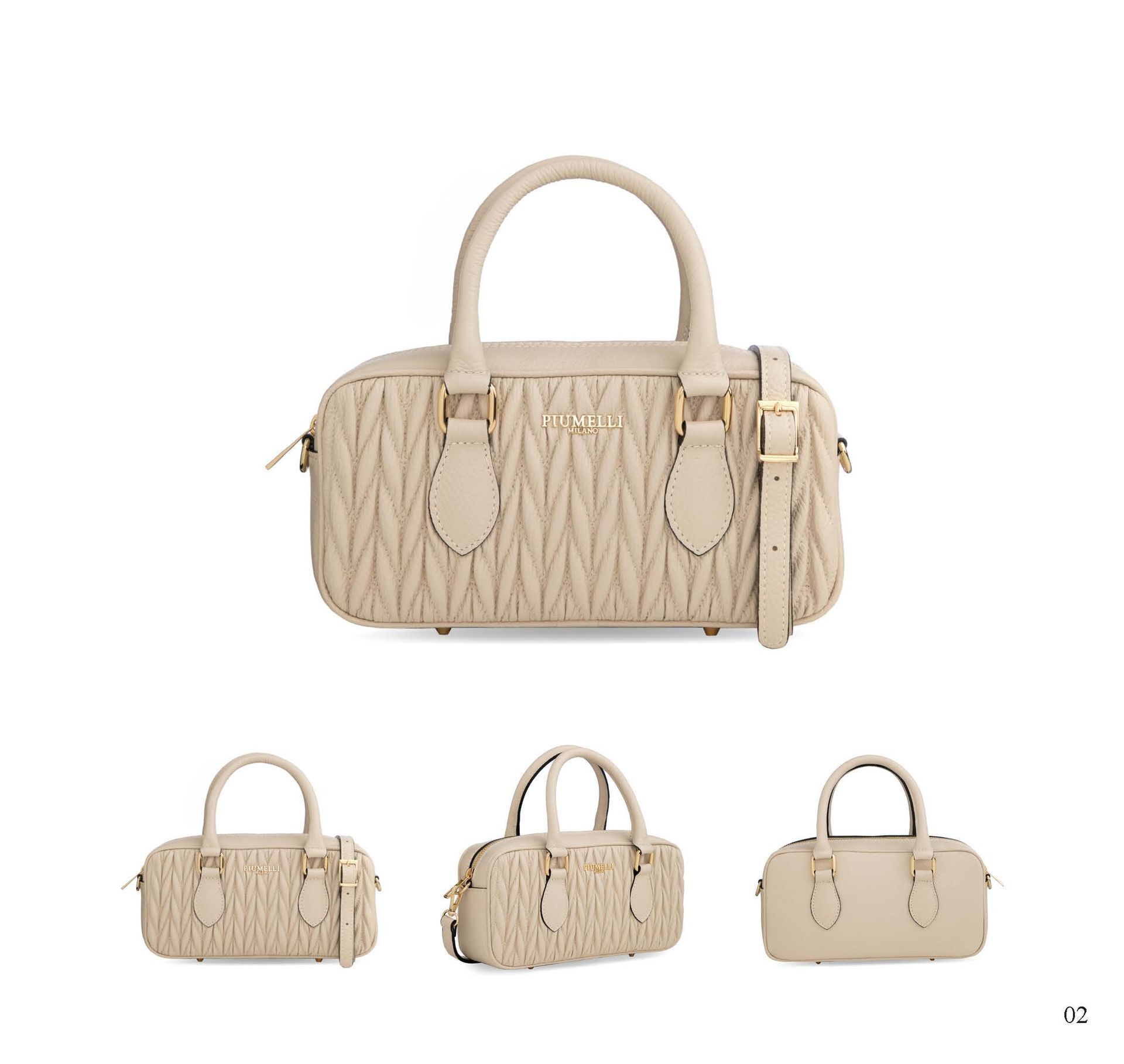 Beige gesteppte Handtasche mit Tragegriff und Schulterriemen, verschiedene Ansichten.