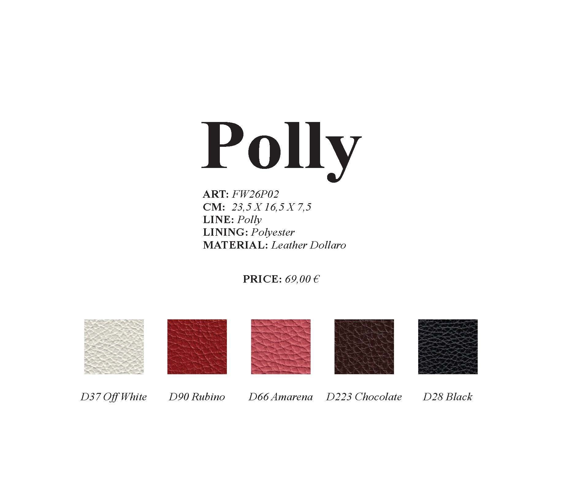 Polly-Produkt mit Farbmustern: Weiß, Rot, Rosa, Braun und Schwarz.