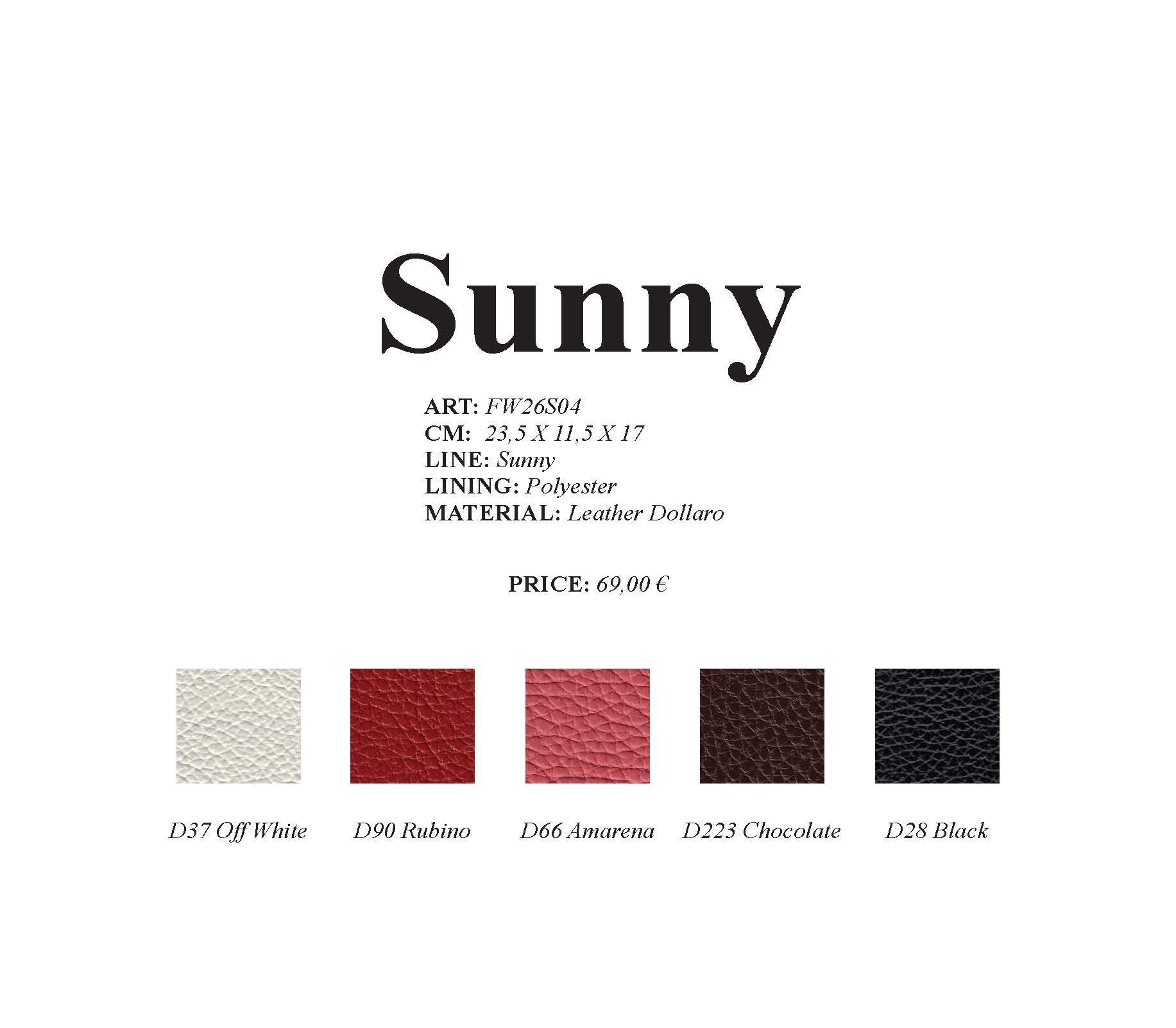 Farbmuster des Produkts Sunny mit verschiedenen Lederfarben, darunter Weiß, Rot und Schwarz.